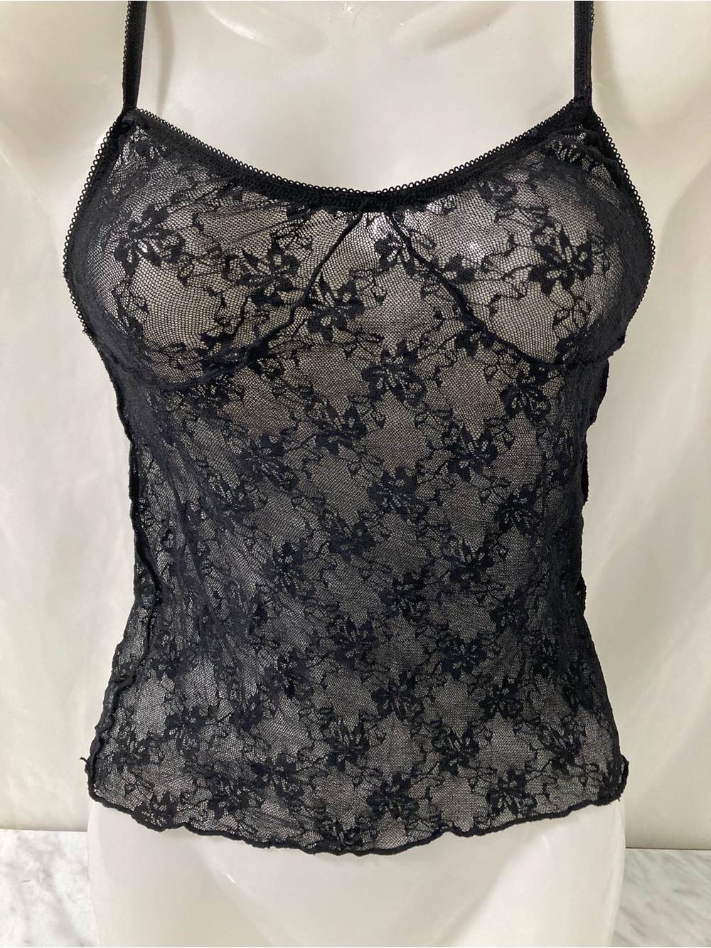 Black Sheer Floral Lace Cami Top Y2K Goth Small